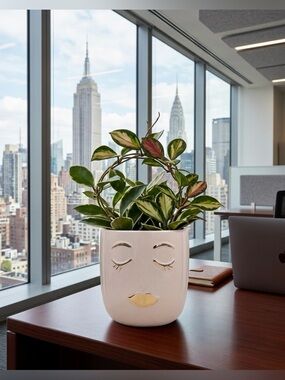 Pink Ceramic Face Planter with Gold Eyelashes and Lips, 6-Inch Barrel Pot